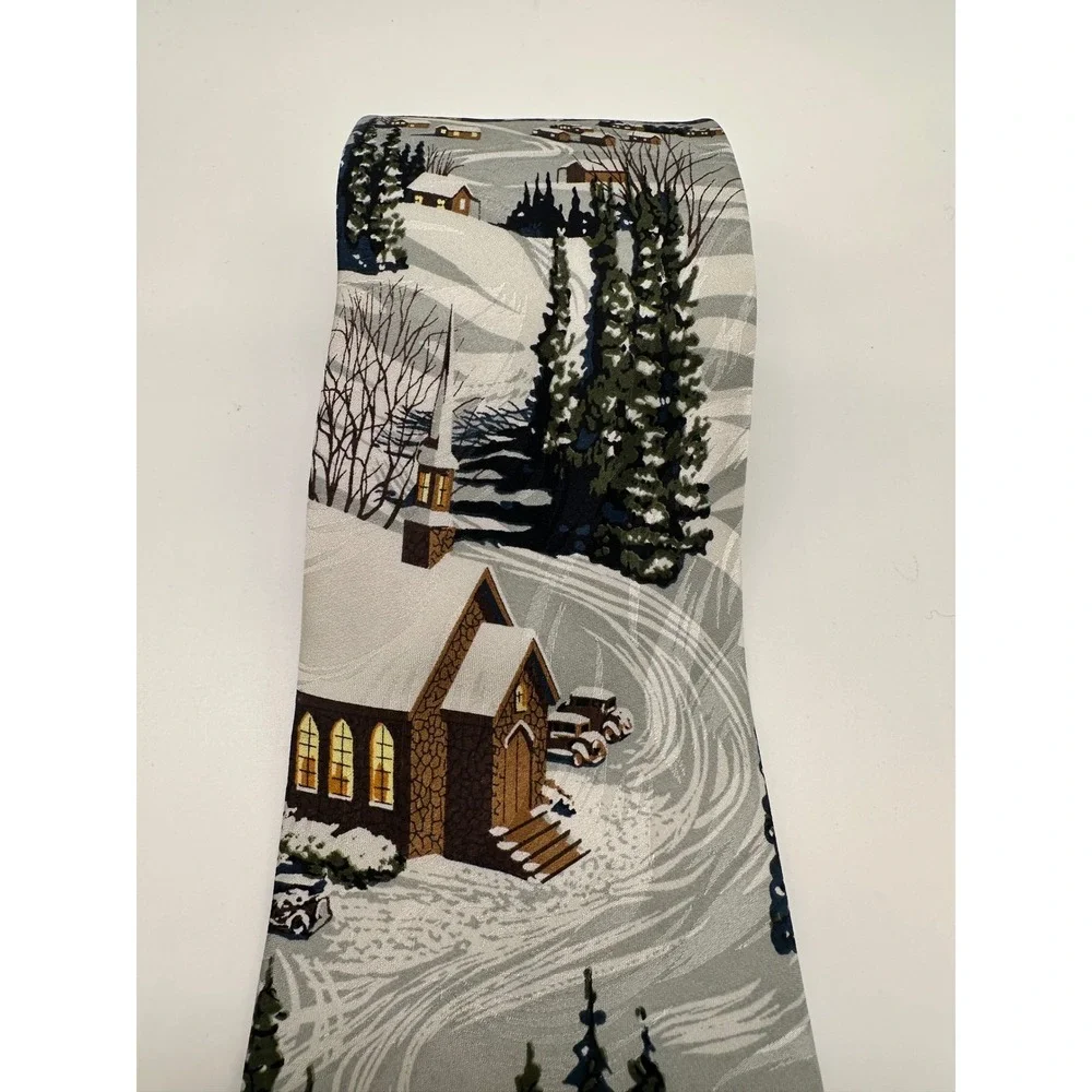 Vintage Free Man Apparel Mens Silk‎ Necktie Winter Scene Church Snow Trees